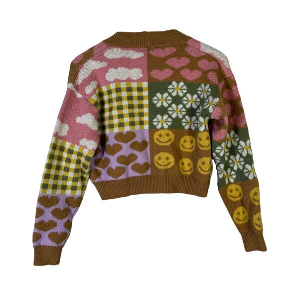 Debut Quirky Patchwork Cropped Cardigan Womens XS Brown Pink Retro Indie Whimsy - Picture 7 of 9